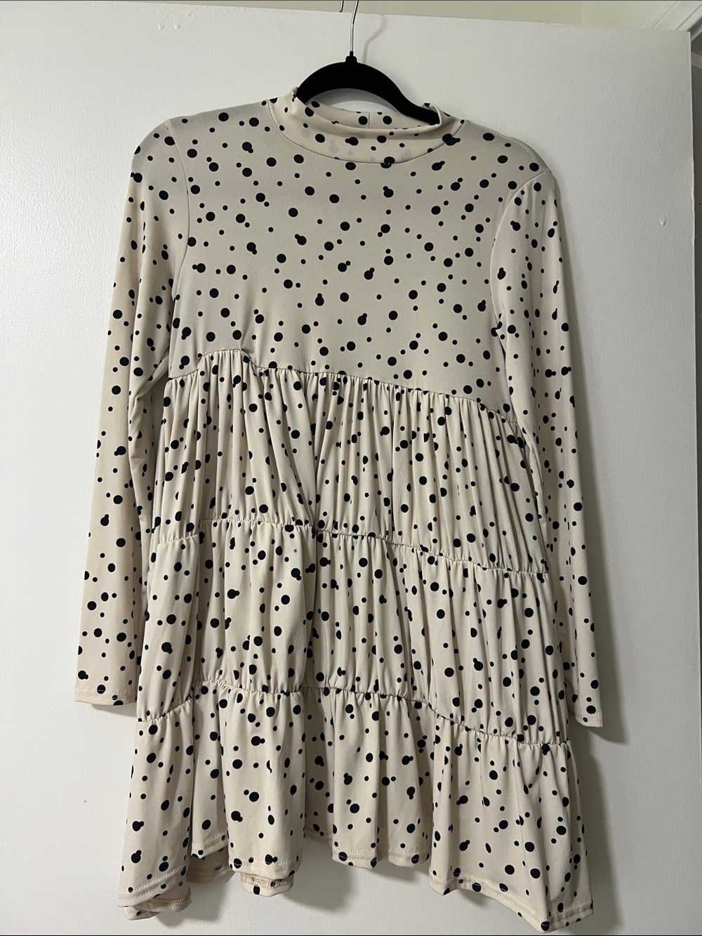 Nasty Gal Cream Dress with Black Polka Dots - Tiered Long Sleeve